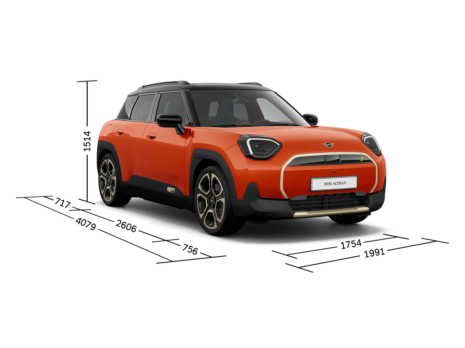 MINI Aceman Electric – Vue avant avec Dimensions