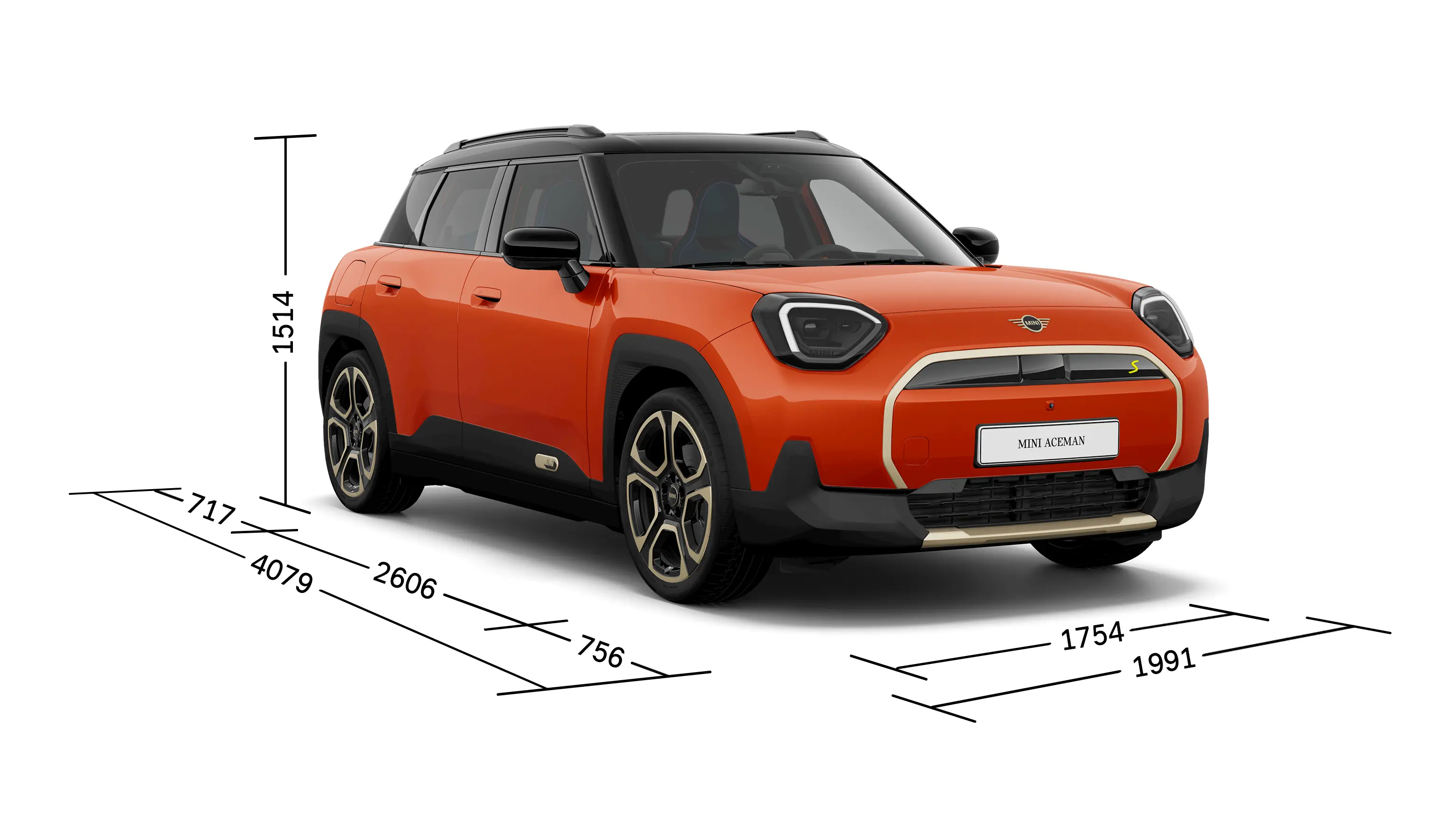 MINI Aceman Electric – Vue avant avec Dimensions