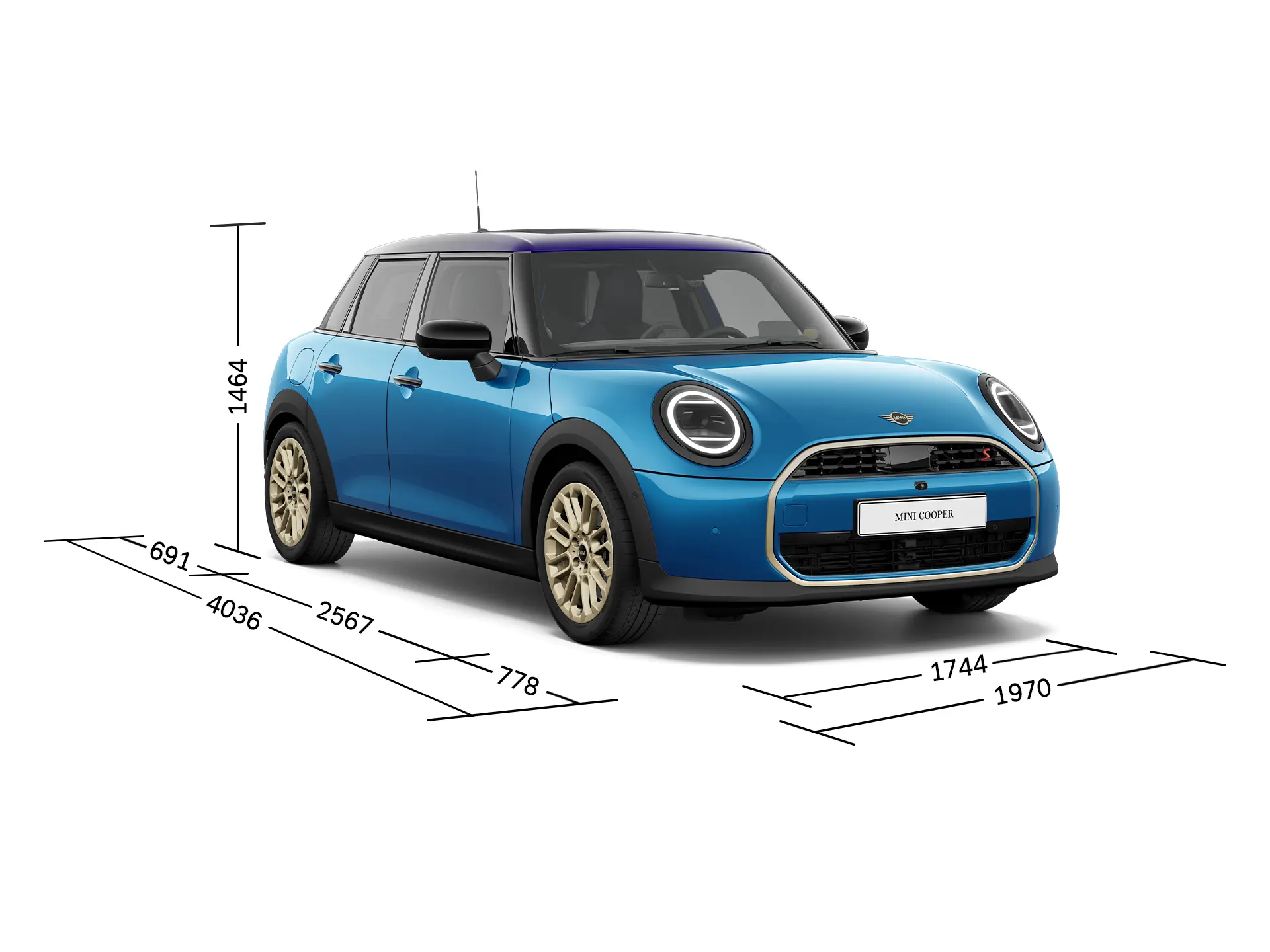 MINI Cooper 5 Portes – Vue avant avec dimensions