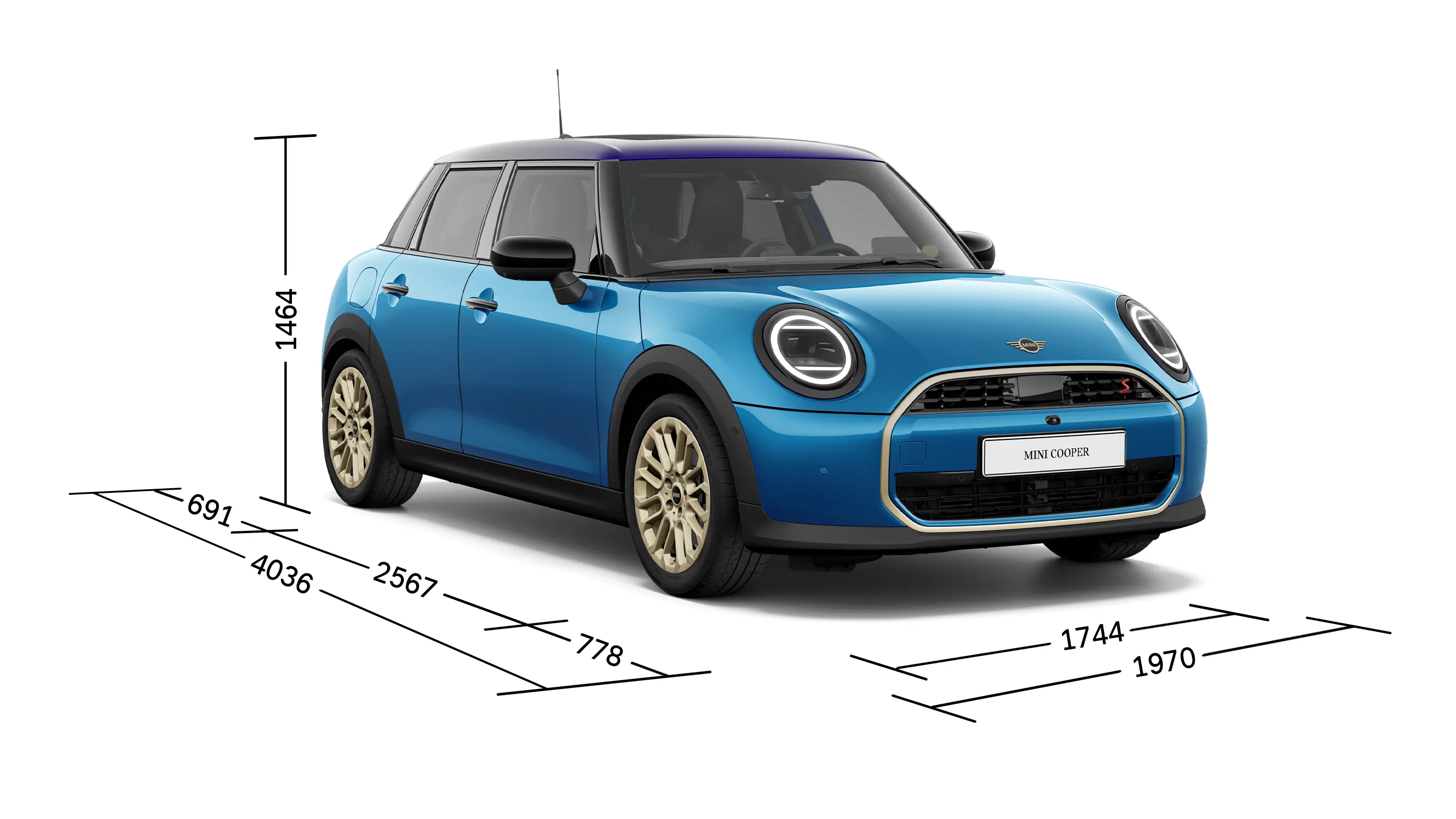 MINI Cooper 5 Portes – Vue avant avec dimensions