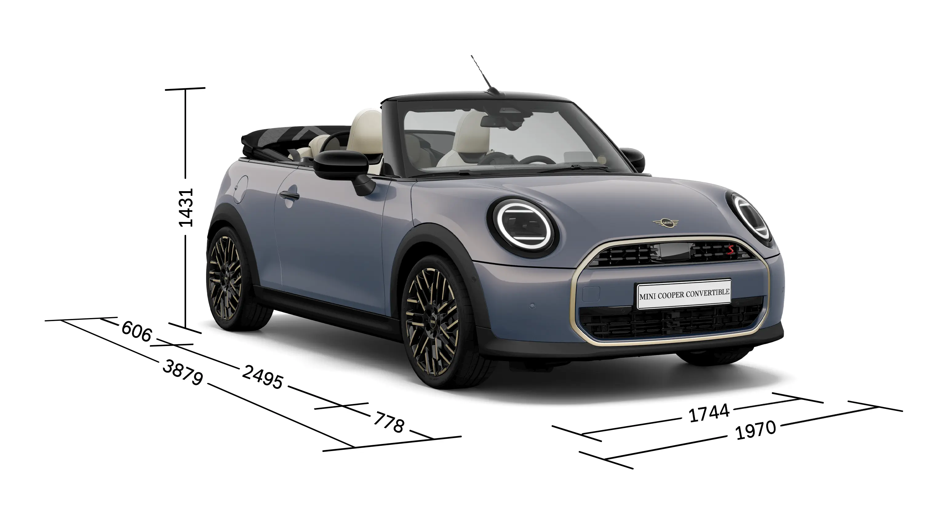 MINI Cooper Cabrio – Vue avant avec dimensions